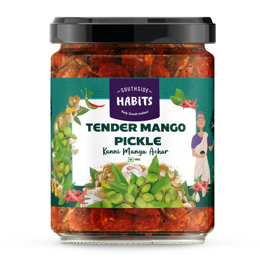 Tender Mango Pickle in a glass bottle with the label indicating the brand Southside Habits