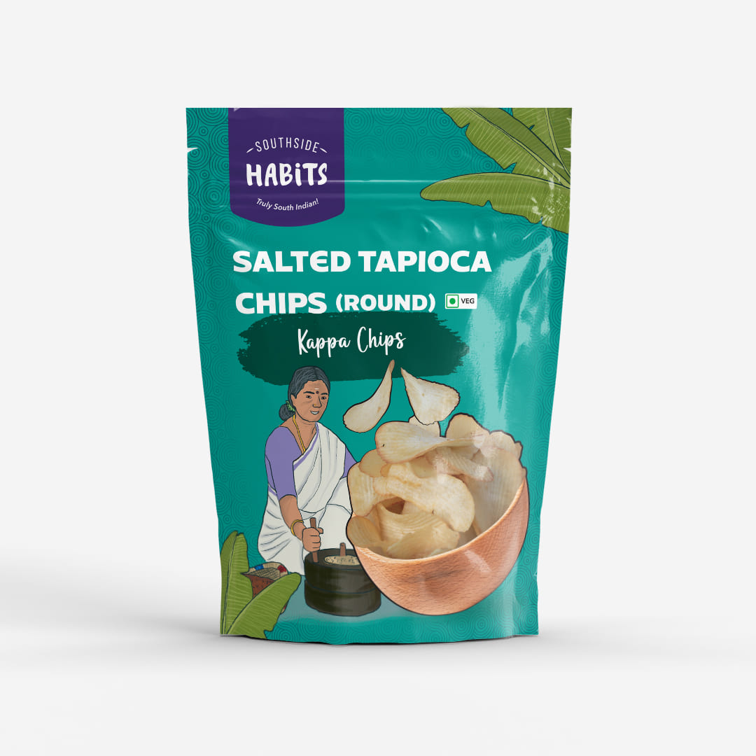 front view of the zip lock packaging for "Southside Habits South Indian Salted Tapioca Chips or Kappa Chips"