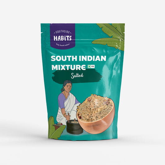 Front View of zip lock package for "Southside Habits South Indian Mixture"