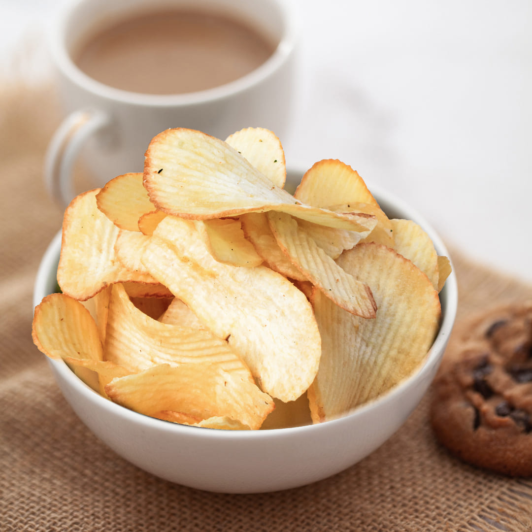 Crunchy South Indian salted Kappa chips with lays cut from Southside Habits placed in a bowl