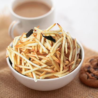 Crunchy South Indian Salted Kappa Kolli chips with lays cut from Southside Habits placed in a bowl